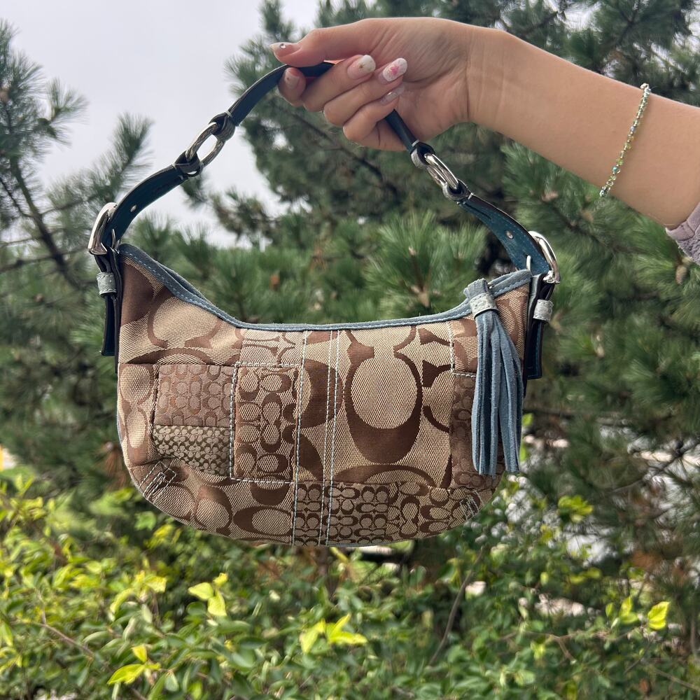vintage coach signature patchwork shoulder bag brown jacquard canvas with blue l